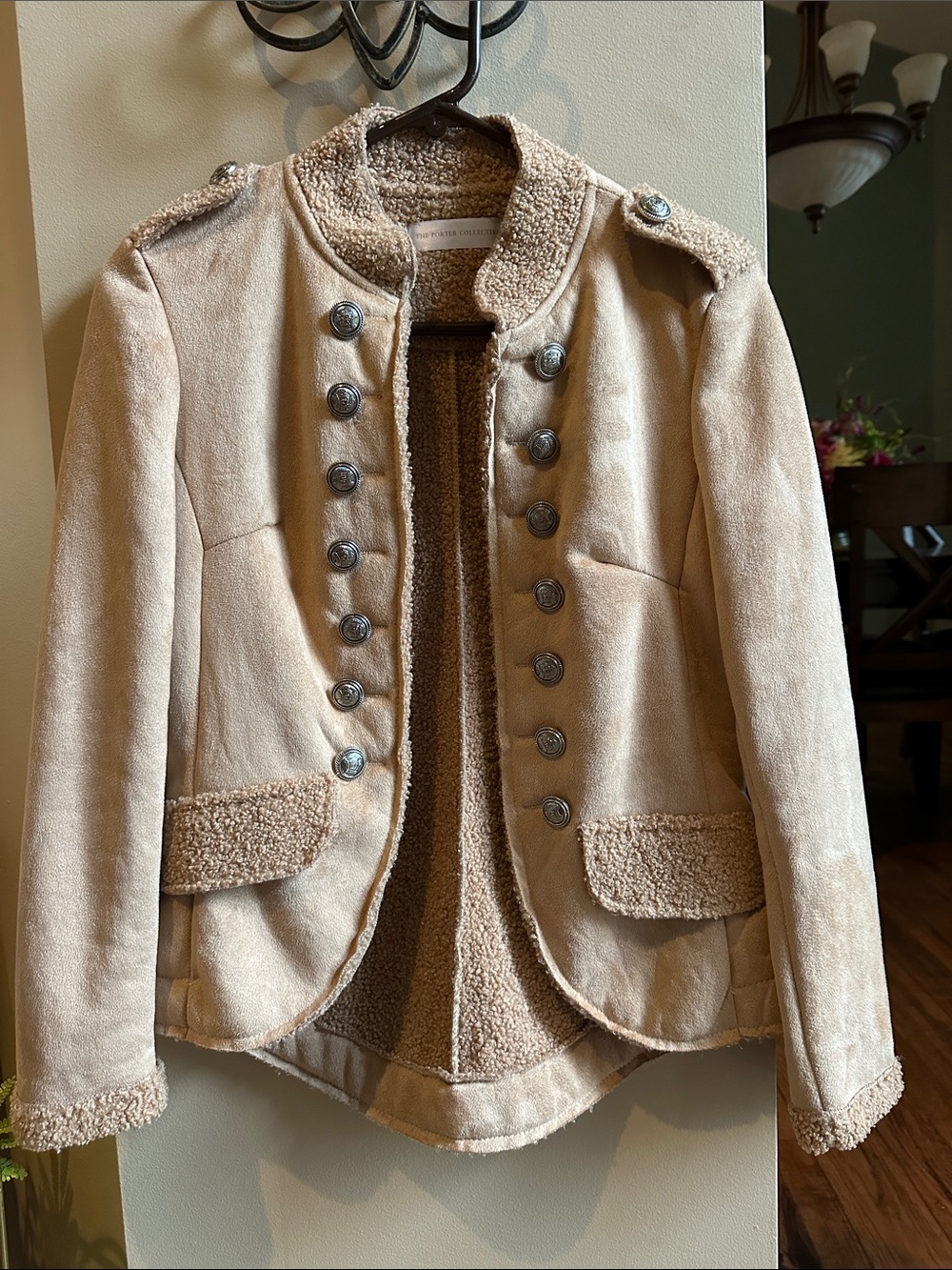 The Porter Collective Women's Beige Sherpa-Trim Military Button Jacket